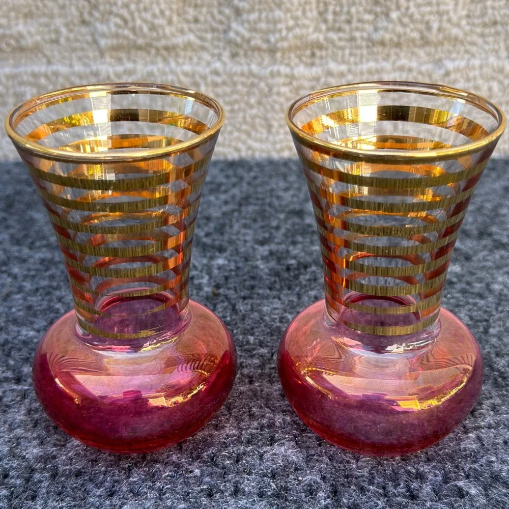 Vintage Bartlett Collins Pink Gold Stripe Glass Mini Bud Vases 3.75